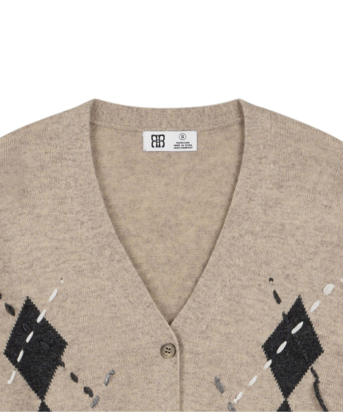 Argyle Stitch Knit Cardigan - Beige