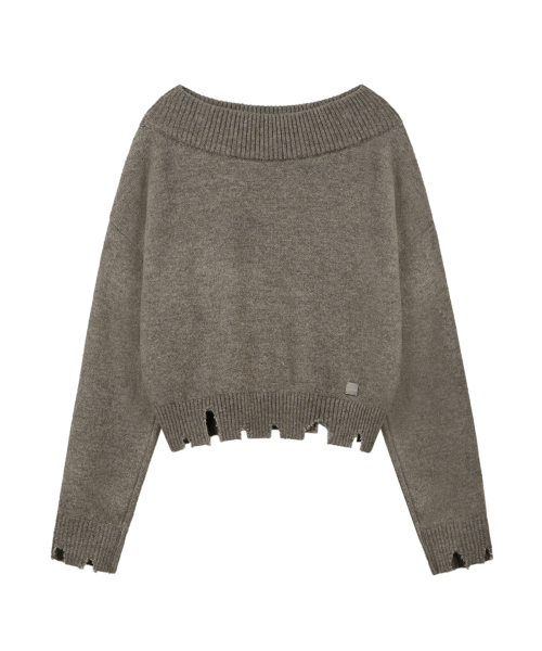 Off Shoulder Damaged Knit - Brown