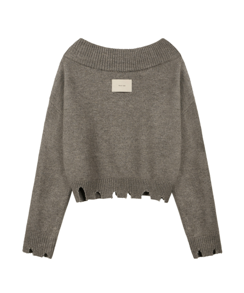 Off Shoulder Damaged Knit - Brown