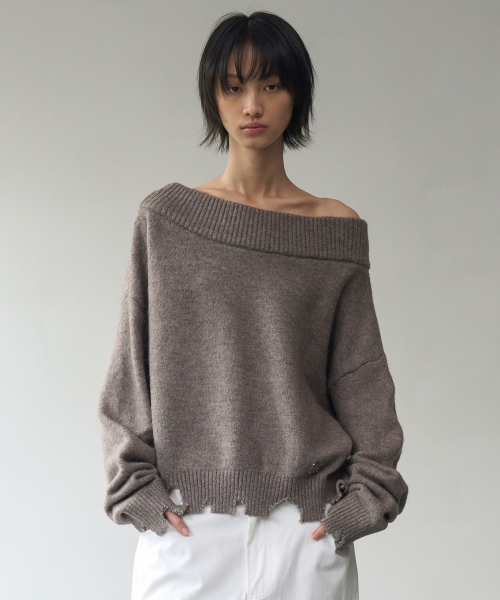 Off Shoulder Damaged Knit - Brown