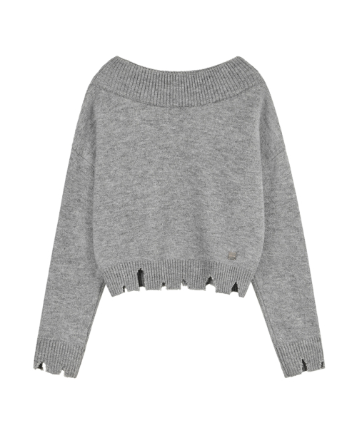 Off Shoulder Damaged Knit - Gray