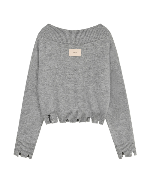 Off Shoulder Damaged Knit - Gray