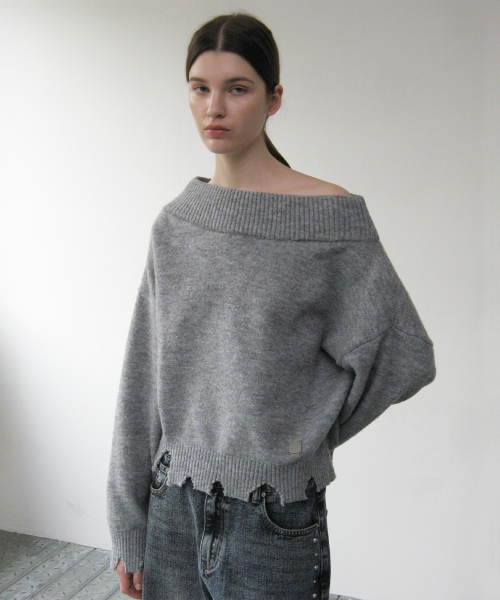 Off Shoulder Damaged Knit - Gray