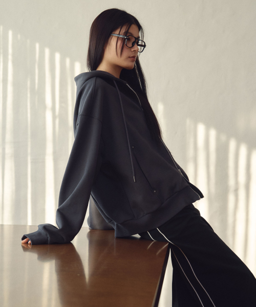 Stud Hoodie Zip-Up in Charcoal