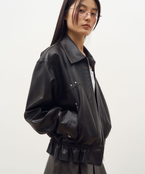 Vegan Leather Shirring Jacket in Black