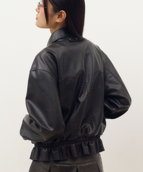Vegan Leather Shirring Jacket in Black