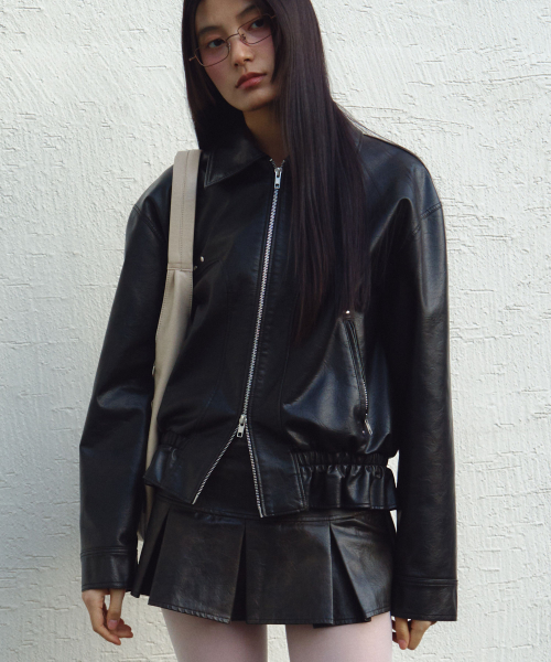 Vegan Leather Shirring Jacket in Black