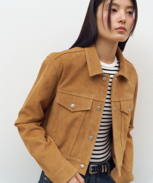 Vegan Leather Suede Trucker Jacket in Camel