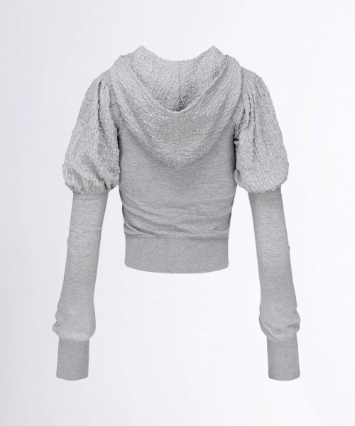 Puff Sleeve Zip-Up Hoodie Melange Gray