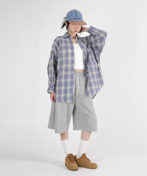 Women overfit pocket check shirts 2COLOR
