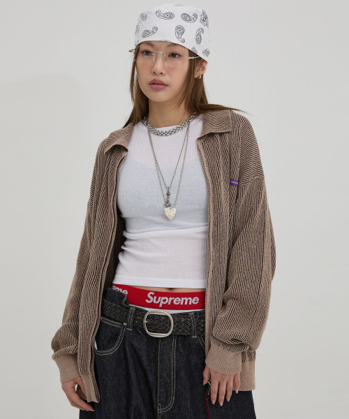 Двухцветный вязаный зип с воротником-стойкой Beige