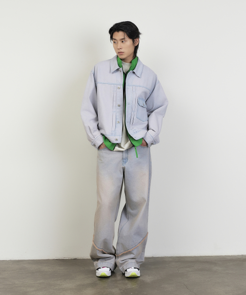 DENIM PANELLING TRUCKER JACKET (PINKISH BLUE)