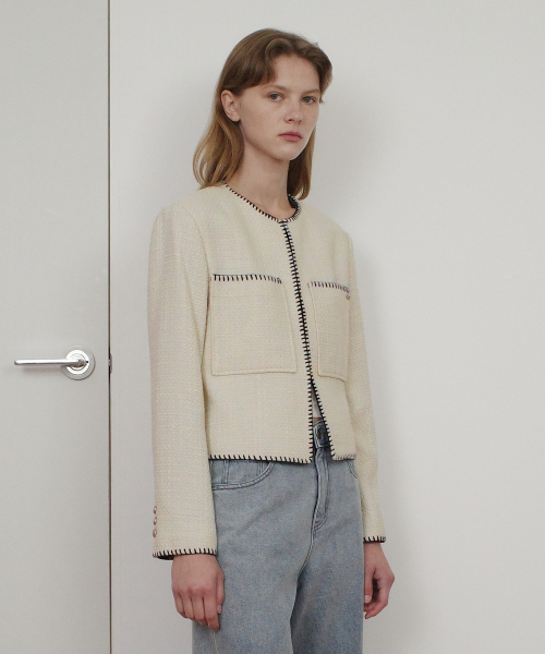 MELO STITCH POCKET TWEED JACKET - CREAM