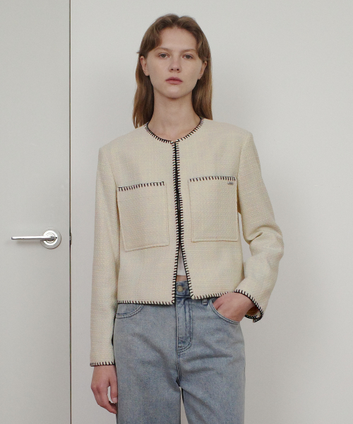 MELO STITCH POCKET TWEED JACKET - CREAM
