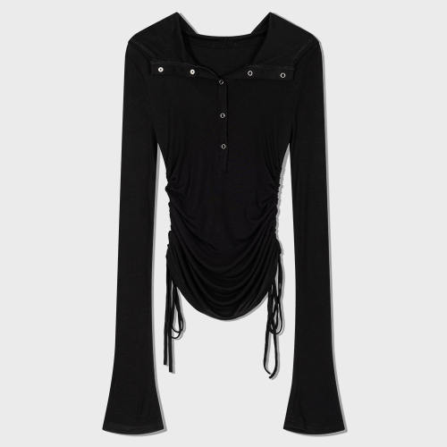 Hooded ring snap shirring top (BLACK)