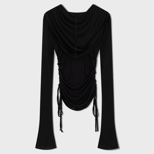 Hooded ring snap shirring top (BLACK)