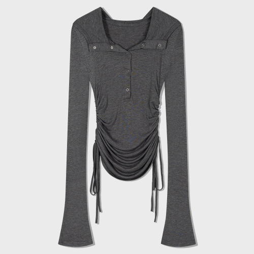Hooded ring snap shirring top (GRAY)