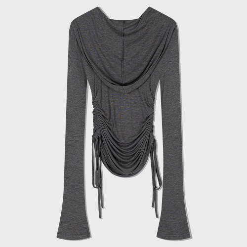 Hooded ring snap shirring top (GRAY)