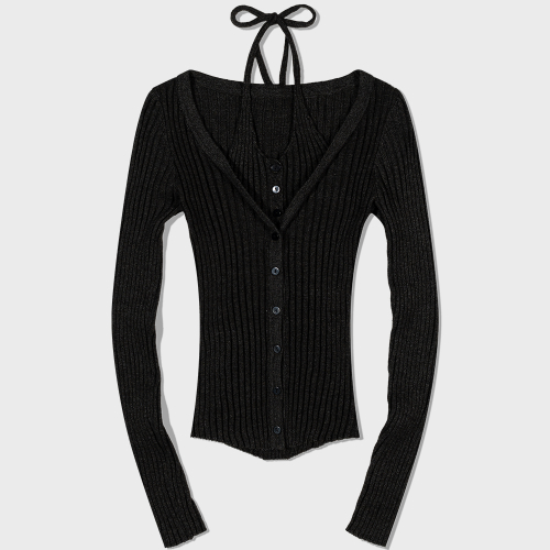 Rib Button-Up Cardigan (CHARCOAL)