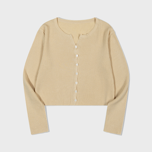 Cropped Button V Cardigan (BEIGE)