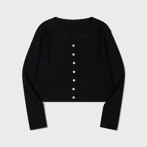 Cropped Button V Cardigan (BLACK)