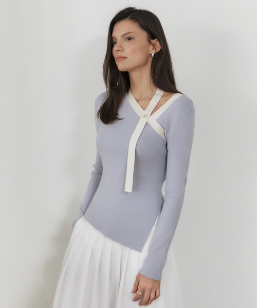Трикотажный топ на одно плечо с контрастной деталью_LIGHT BLUE