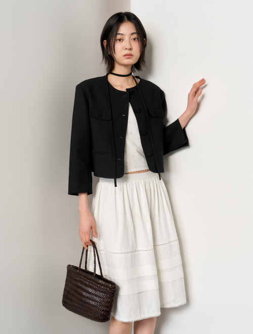 woman twill tweed three-quarter jacket [black]
