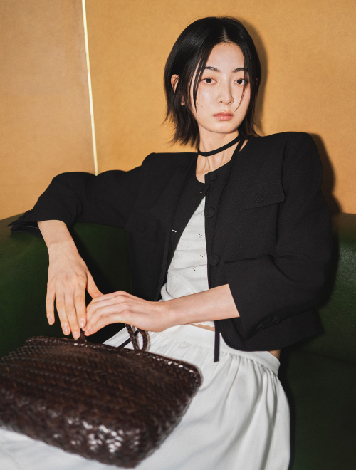woman twill tweed three-quarter jacket [black]