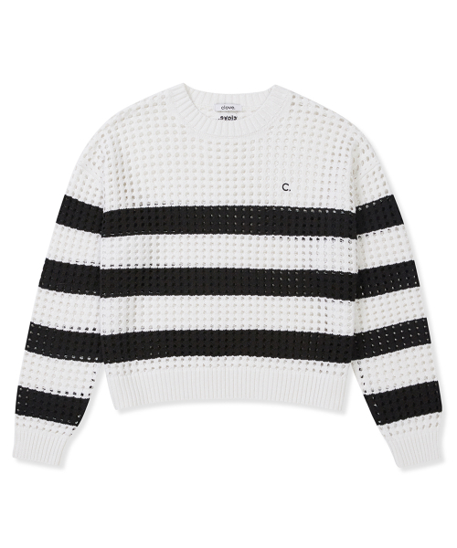 [25SS clove] Crochet Stripe Knit (White)
