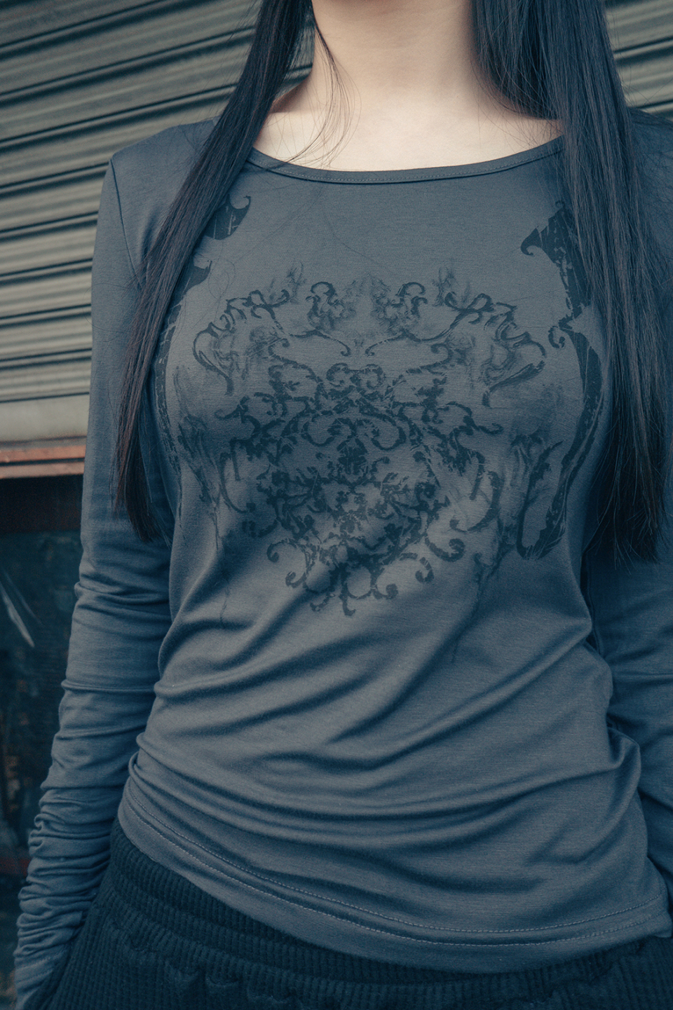★hug your skin★ Ornament Print Top Charcoal MUSINSA | HUG YOUR SKIN Ornament Print Top (Charcoal)