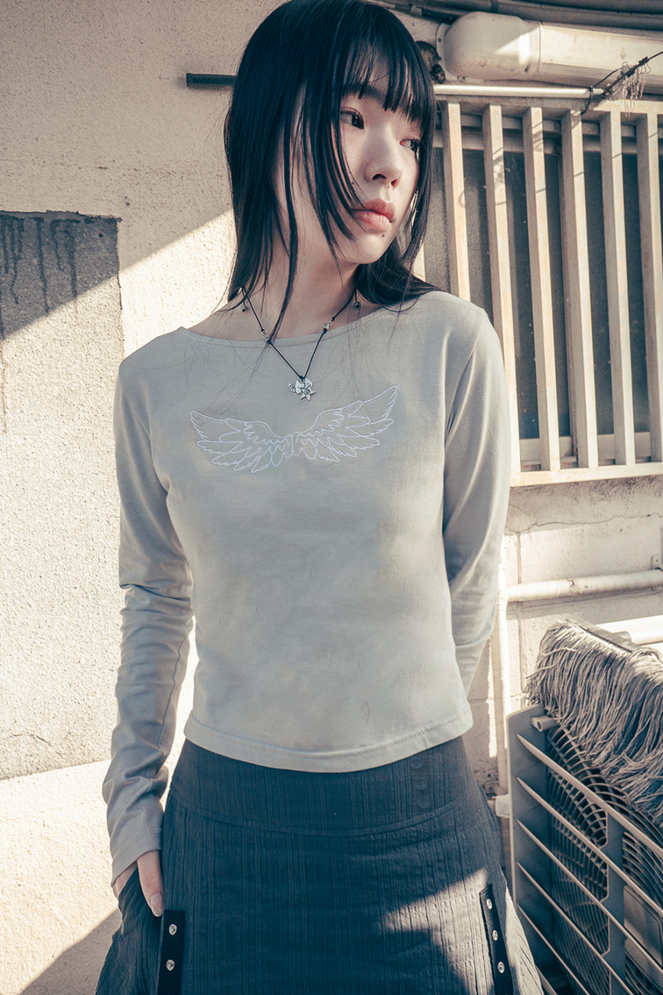 ★hug your skin★ angel wing top gray MUSINSA | HUG YOUR SKIN Angel Wing Top (Grey)