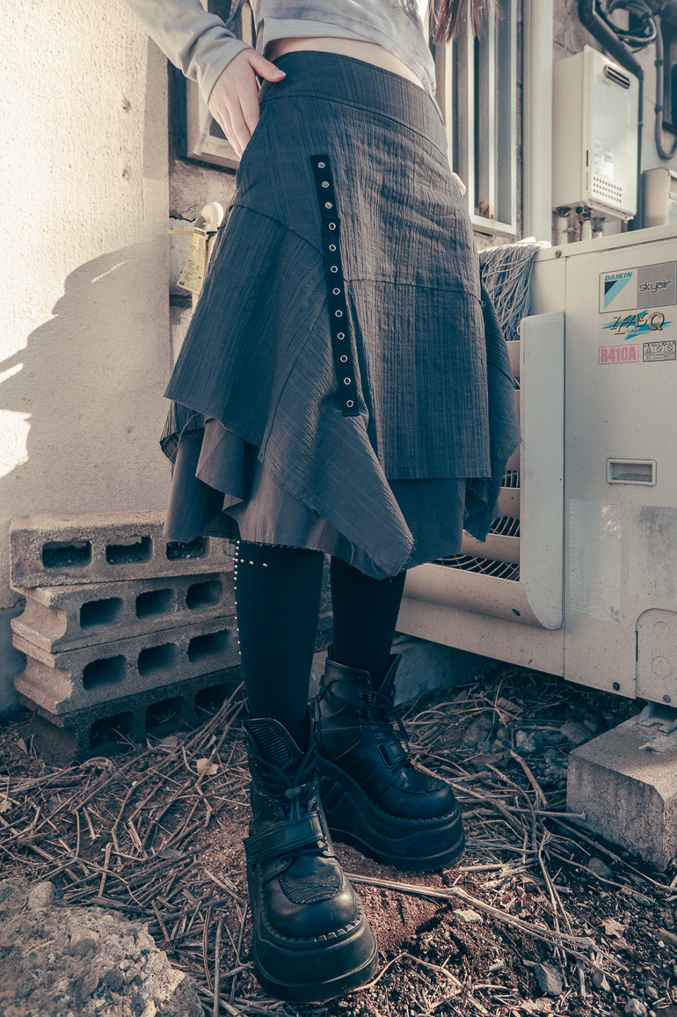 ◇hug your skin◇ Strap layered midi skirt charcoal MUSINSA | HUG YOUR SKIN Strappy Layered Midi Skirt (Charcoal)