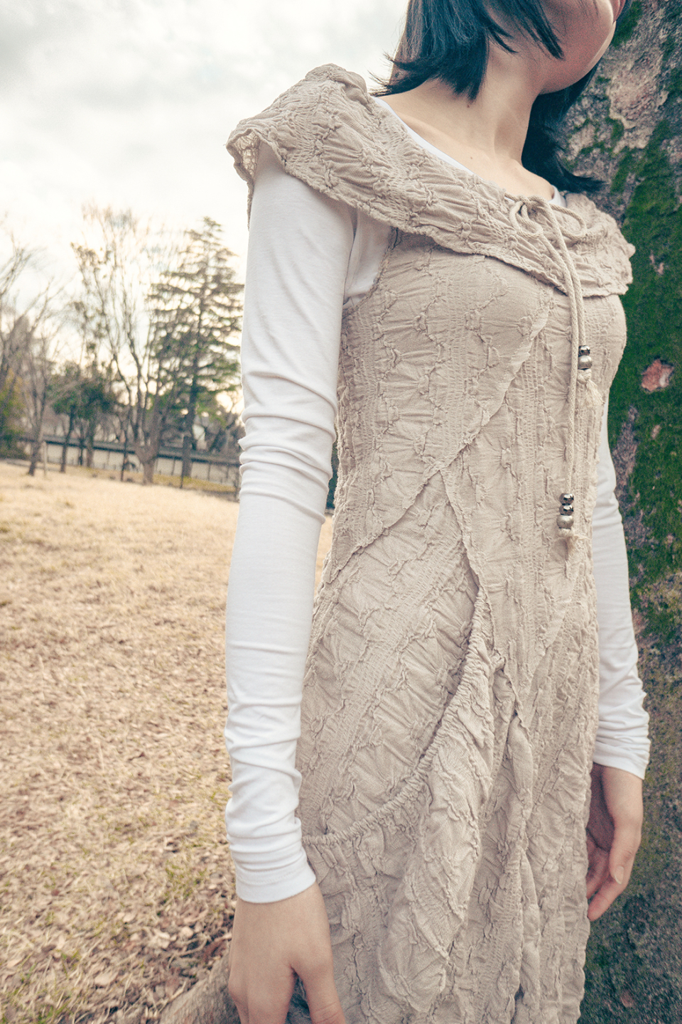 MUSINSA | HUG YOUR SKIN Drawstring Off-Shoulder Dress (Beige)