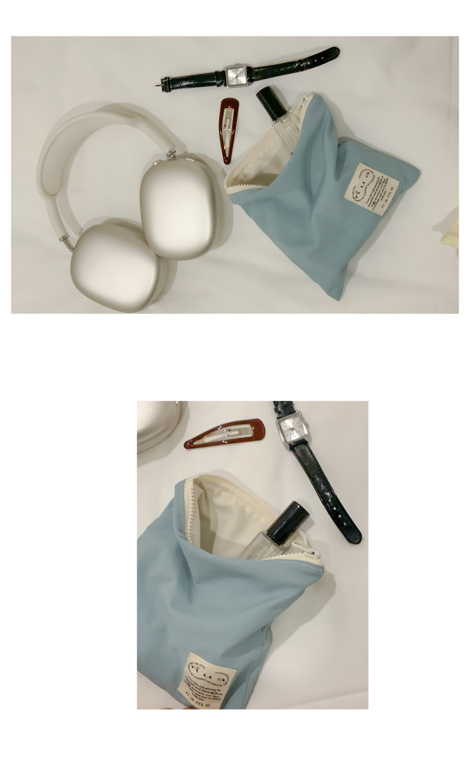 사각형 파우치형태로,  나의 일상속 언제나 갖고 다니기 좋습니다!  화장품,소지품,여성용품  편안하게 다 들어갑니다!