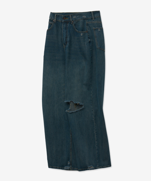 Широкие джинсы с потёртостями Damage Washed (BLUE)