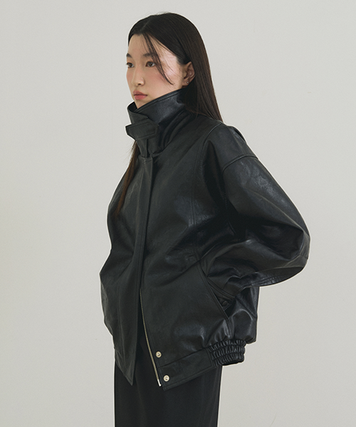 over fit leather blouson jacket-black