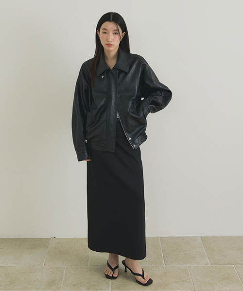 over fit leather blouson jacket-black