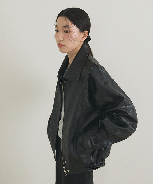 over fit leather blouson jacket-black