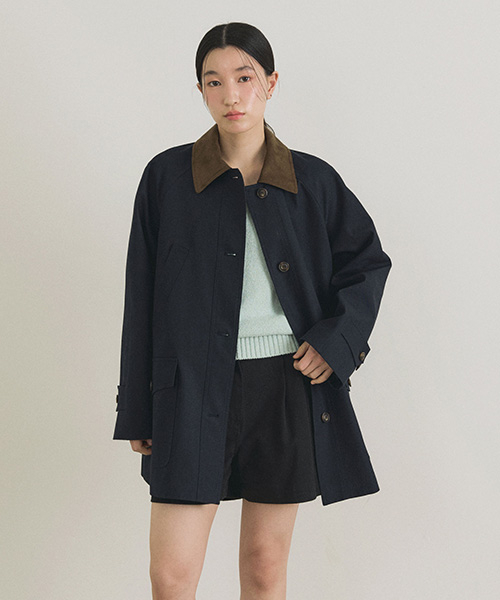 suede collar trench half coat-navy