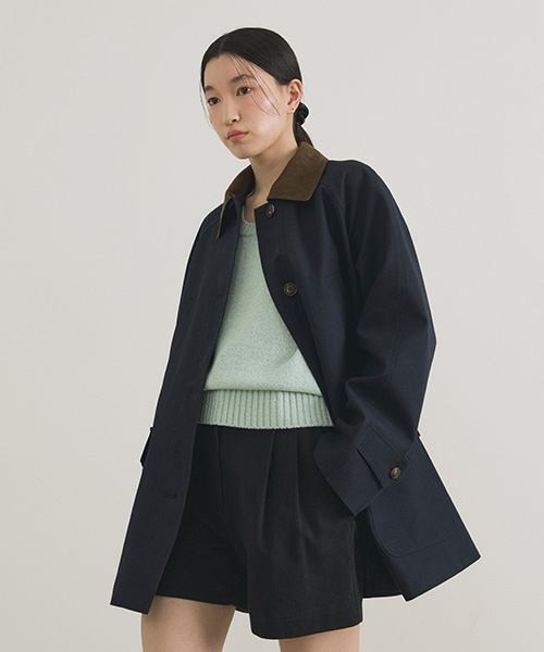 suede collar trench half coat-navy