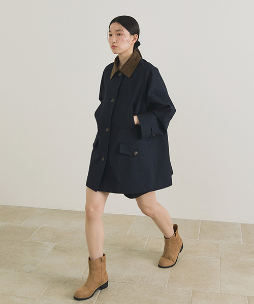 suede collar trench half coat-navy