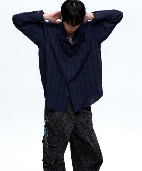 RIVET WRINKLE STRIPE SHIRT - NAVY