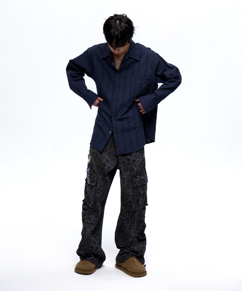 RIVET WRINKLE STRIPE SHIRT - NAVY