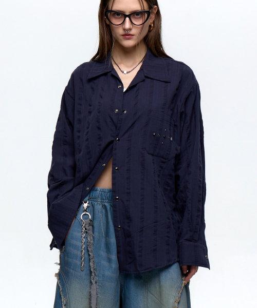 RIVET WRINKLE STRIPE SHIRT - NAVY