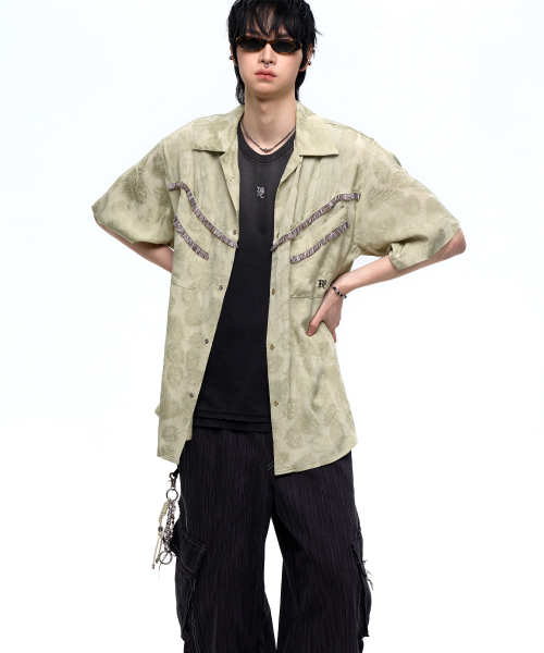 JACQUARD WESTERN HALF SHIRT - DUSTY GREEN