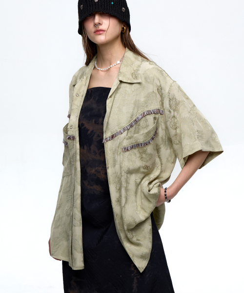 JACQUARD WESTERN HALF SHIRT - DUSTY GREEN