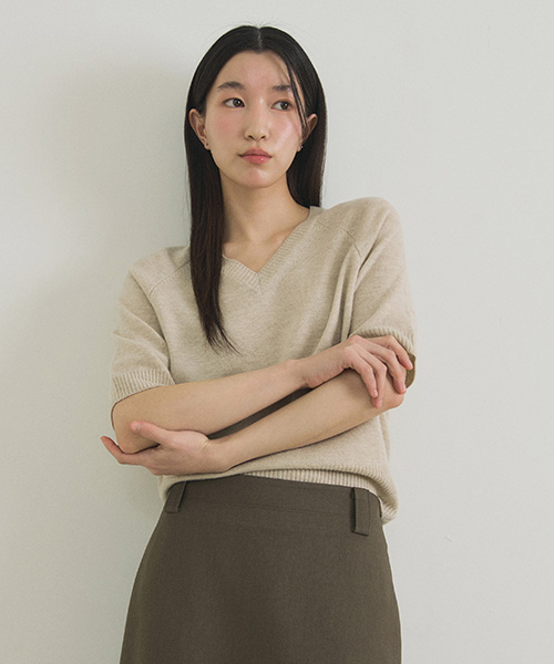 merino wool v-neck half knit top-oatmeal