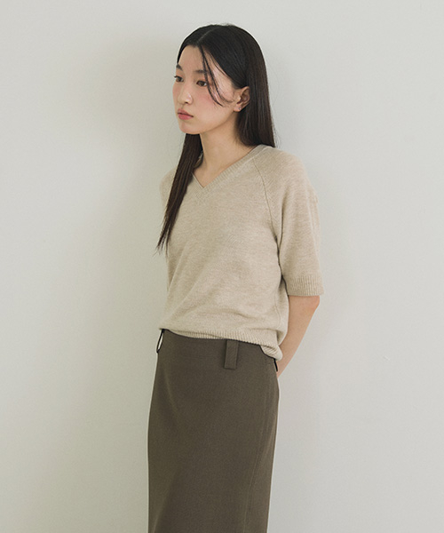 merino wool v-neck half knit top-oatmeal