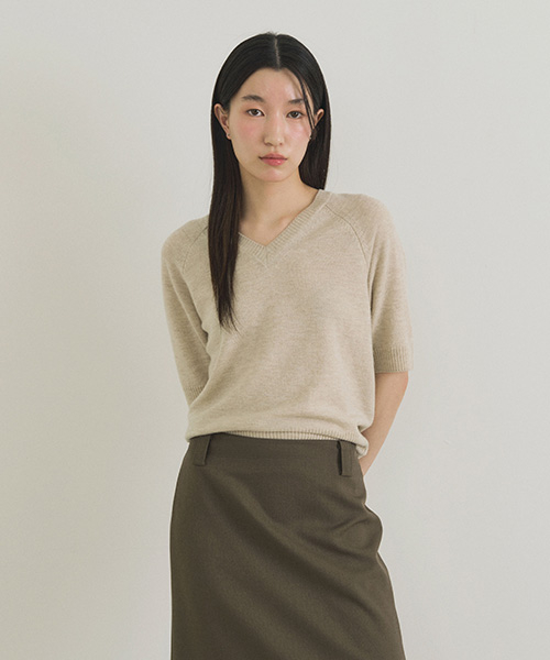 merino wool v-neck half knit top-oatmeal