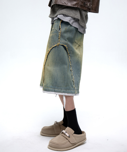INCISION WASHING DENIM BERMUDA PANTS - LIGHT DENIM